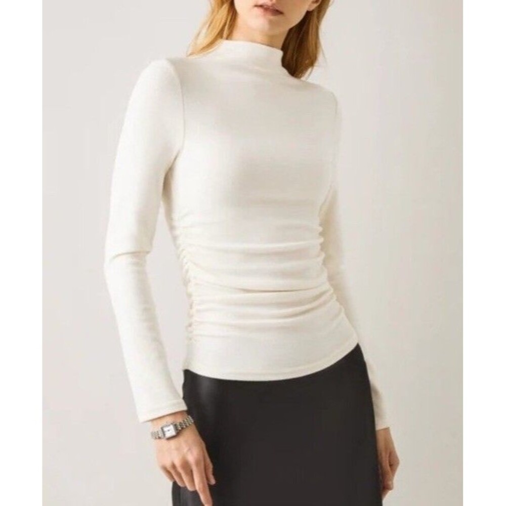 OGL M Eco Mousse Thermal Brushed Ruched Long Sleeve Mockneck Top Chic Minimalist